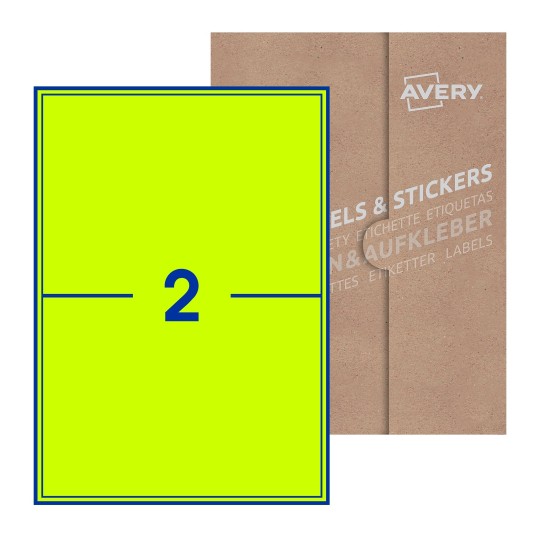 folha branca com 2 etiquetas adesivas retangulares 200x144 com caixa de embalagem de papel - Etiquetas adesivas retangulares Avery® 200 x 144 mm