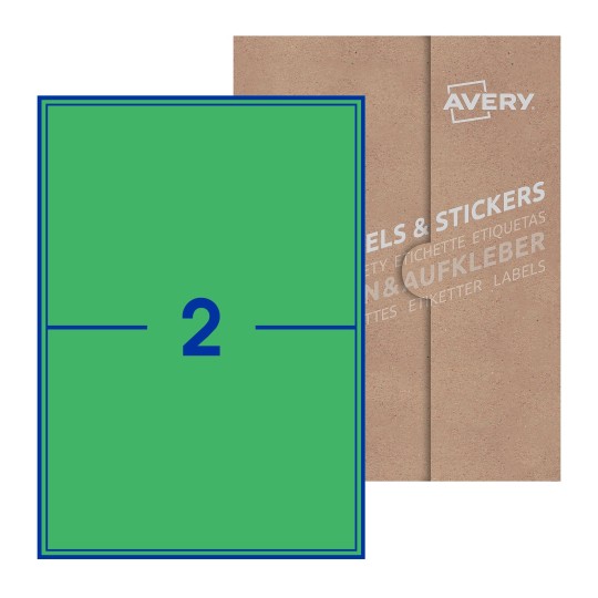 folha branca com 2 etiquetas adesivas retangulares 200x144 com caixa de embalagem de papel - Etiquetas adesivas retangulares Avery® 200 x 144 mm