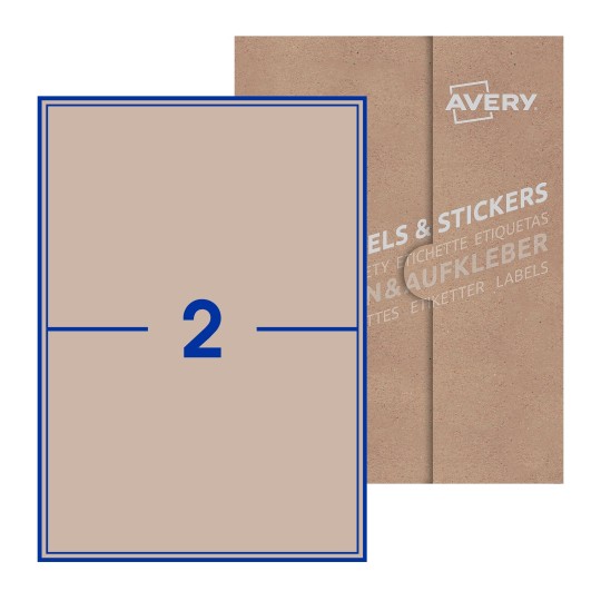 folha branca com 2 etiquetas adesivas retangulares 200x144 com caixa de embalagem de papel - Etiquetas adesivas retangulares Avery® 200 x 144 mm
