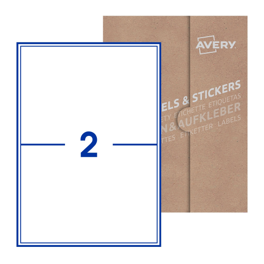 folha branca com 2 etiquetas adesivas retangulares 200x144 com caixa de embalagem de papel - Etiquetas adesivas retangulares Avery® 200 x 144 mm