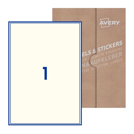 folha branca com 1 etiqueta adesiva retangular 200x289 com caixa de embalagem de papel - Etiquetas adesivas retangulares Avery® 200 x 289 mm 
