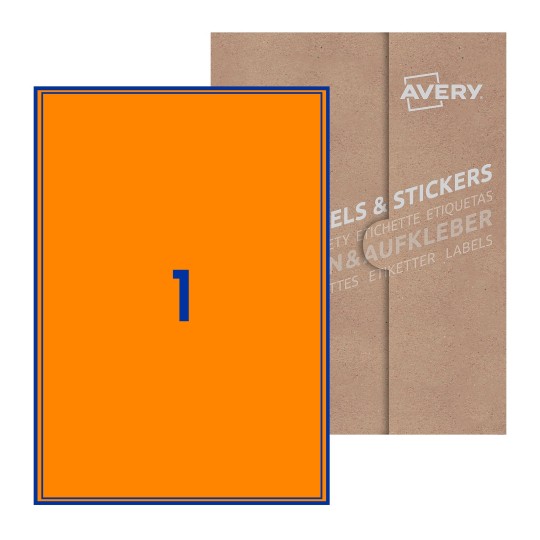 folha branca com 1 etiqueta adesiva retangular 200x289 com caixa de embalagem de papel - Etiquetas adesivas retangulares Avery® 200 x 289 mm 