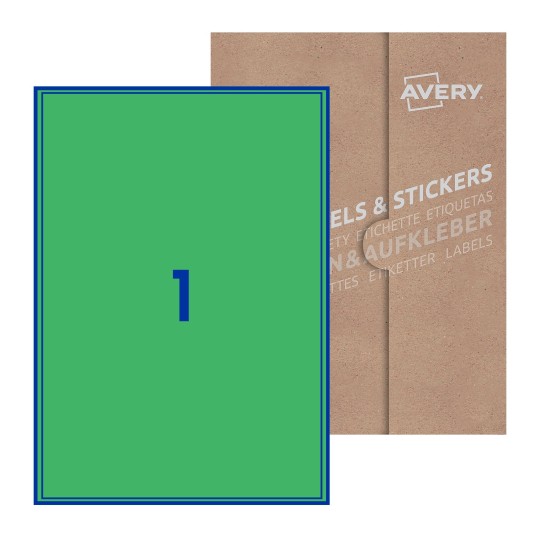 folha branca com 1 etiqueta adesiva retangular 200x289 com caixa de embalagem de papel - Etiquetas adesivas retangulares Avery® 200 x 289 mm 