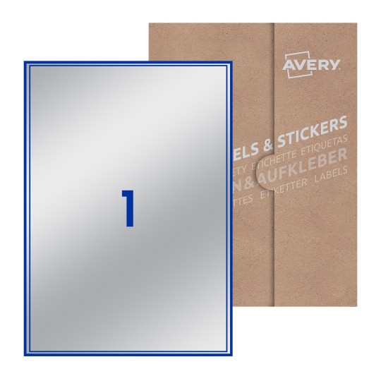 folha branca com 1 etiqueta adesiva retangular 200x289 com caixa de embalagem de papel - Etiquetas adesivas retangulares Avery® 200 x 289 mm 