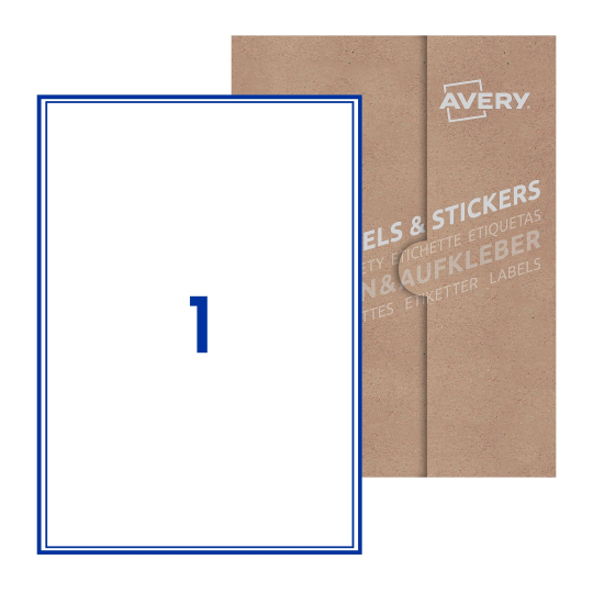 folha branca com 1 etiqueta adesiva retangular 200x289 com caixa de embalagem de papel - Etiquetas adesivas retangulares Avery® 200 x 289 mm 