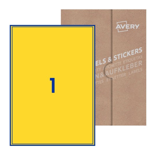 folha branca com 1 etiqueta adesiva retangular 200x289 com caixa de embalagem de papel - Etiquetas adesivas retangulares Avery® 200 x 289 mm 