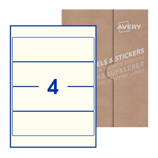 Folha branca com 4 etiquetas adesivas retangulares 200x60 com caixa de embalagem de papel - Etiquetas adesivas retangulares Avery® 200 x 60 mm