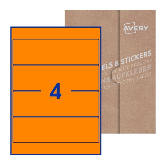 Folha branca com 4 etiquetas adesivas retangulares 200x60 com caixa de embalagem de papel - Etiquetas adesivas retangulares Avery® 200 x 60 mm