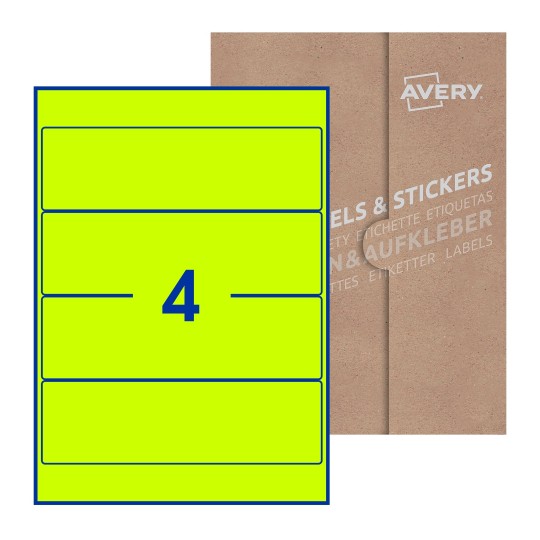 Folha branca com 4 etiquetas adesivas retangulares 200x60 com caixa de embalagem de papel - Etiquetas adesivas retangulares Avery® 200 x 60 mm