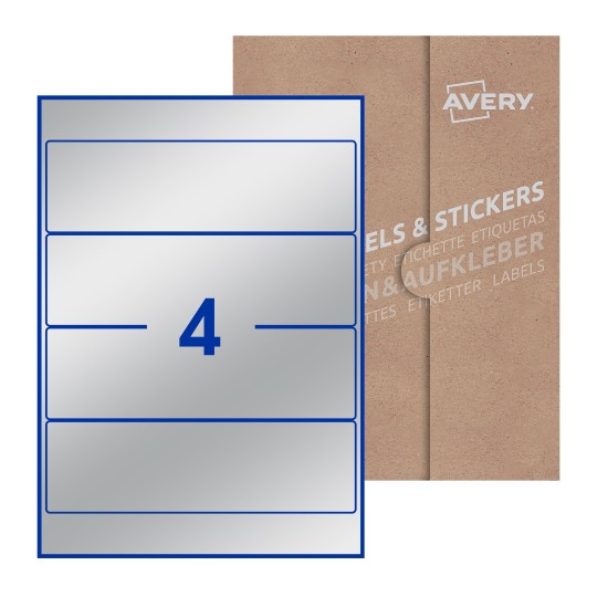 Folha branca com 4 etiquetas adesivas retangulares 200x60 com caixa de embalagem de papel - Etiquetas adesivas retangulares Avery® 200 x 60 mm