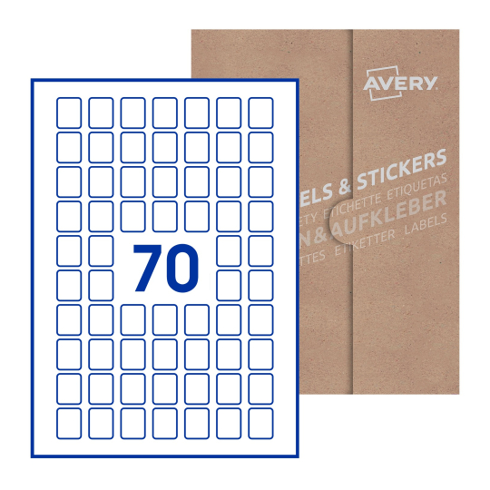 Folha branca com 70 etiquetas adesivas retangulares 20x25 com caixa de embalagem de papel - Etiquetas adesivas retangulares Avery® 20 x 25 mm