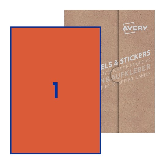 Folha branca com 1 etiqueta adesiva retangular 210x297 com caixa de embalagem de papel - Etiquetas adesivas retangulares Avery® 210 x 297 mm
