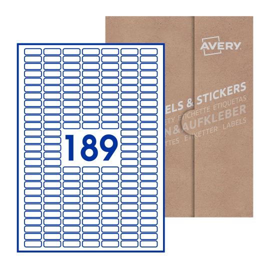 Folha branca com 189 etiquetas adesivas retangulares 25x10 com caixa de embalagem de papel - Etiquetas adesivas retangulares Avery® 25 x 10 mm