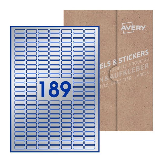 Folha branca com 189 etiquetas adesivas retangulares 25x10 com caixa de embalagem de papel - Etiquetas adesivas retangulares Avery® 25 x 10 mm
