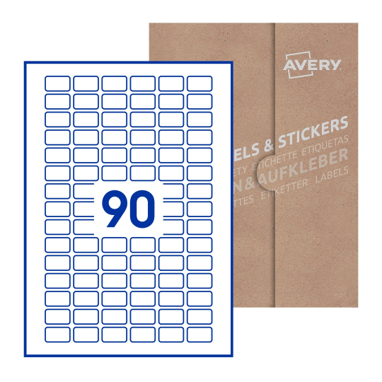 folha branca com 90 etiquetas adesivas retangulares 26x16 com caixa de embalagem de papel - Etiquetas adesivas retangulares Avery® 26 x 16 mm 