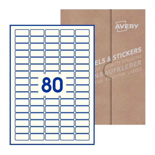 folha branca com 80 etiquetas adesivas retangulares 36x17 com caixa de embalagem de papel - Etiquetas adesivas retangulares Avery® 36 x 17 mm 