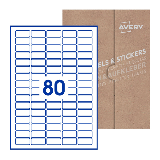 folha branca com 80 etiquetas adesivas retangulares 36x17 com caixa de embalagem de papel - Etiquetas adesivas retangulares Avery® 36 x 17 mm 