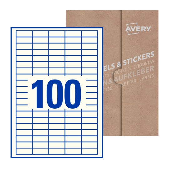 folha branca com 100 etiquetas adesivas retangulares 37x14 com caixa de embalagem de papel - Etiquetas adesivas retangulares Avery® 37 x 14 mm
