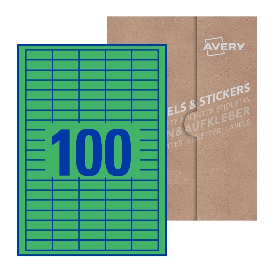 folha branca com 100 etiquetas adesivas retangulares 37x14 com caixa de embalagem de papel - Etiquetas adesivas retangulares Avery® 37 x 14 mm