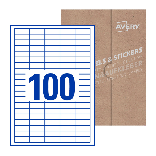 folha branca com 100 etiquetas adesivas retangulares 37x14 com caixa de embalagem de papel - Etiquetas adesivas retangulares Avery® 37 x 14 mm