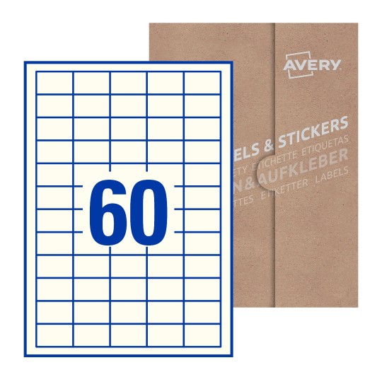 folha branca com 60 etiquetas adesivas retangulares 37x23 com caixa de embalagem de papel - Etiquetas adesivas retangulares Avery® 37 x 23 mm