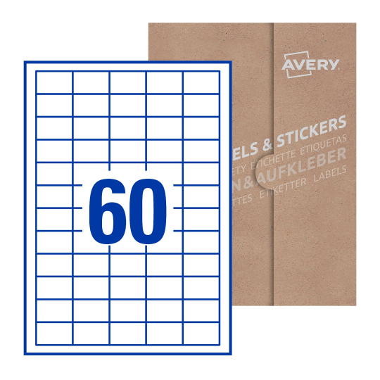 folha branca com 60 etiquetas adesivas retangulares 37x23 com caixa de embalagem de papel - Etiquetas adesivas retangulares Avery® 37 x 23 mm