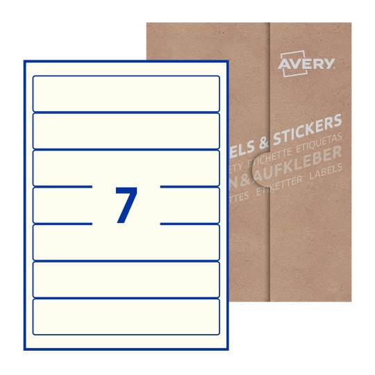 folha branca com 7 etiquetas adesivas retangulares 38x192 com caixa de embalagem de papel - Etiquetas adesivas retangulares Avery® 38 x 192 mm 