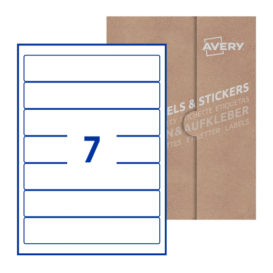 folha branca com 7 etiquetas adesivas retangulares 38x192 com caixa de embalagem de papel - Etiquetas adesivas retangulares Avery® 38 x 192 mm 