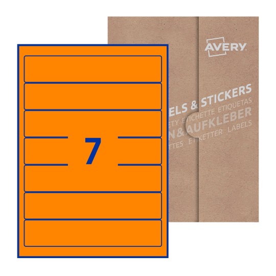 folha branca com 7 etiquetas adesivas retangulares 38x192 com caixa de embalagem de papel - Etiquetas adesivas retangulares Avery® 38 x 192 mm 