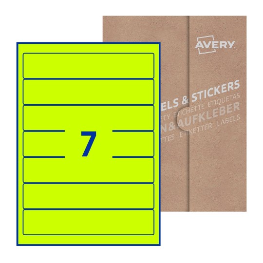 folha branca com 7 etiquetas adesivas retangulares 38x192 com caixa de embalagem de papel - Etiquetas adesivas retangulares Avery® 38 x 192 mm 