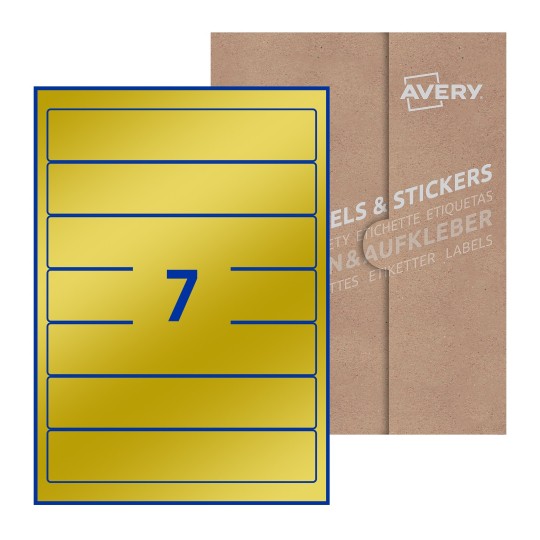 folha branca com 7 etiquetas adesivas retangulares 38x192 com caixa de embalagem de papel - Etiquetas adesivas retangulares Avery® 38 x 192 mm 