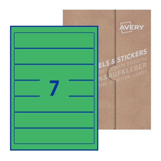 folha branca com 7 etiquetas adesivas retangulares 38x192 com caixa de embalagem de papel - Etiquetas adesivas retangulares Avery® 38 x 192 mm 