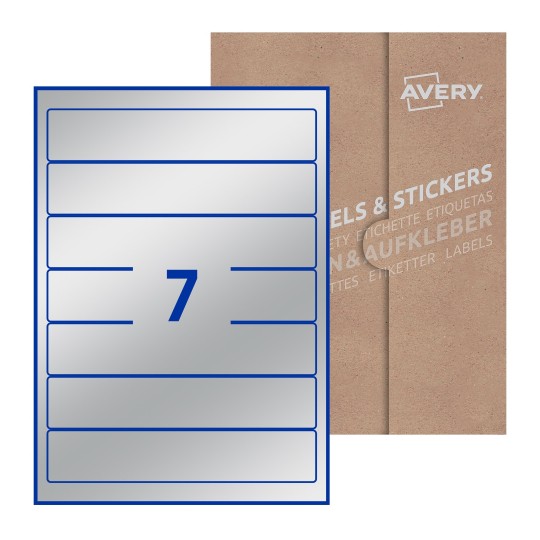 folha branca com 7 etiquetas adesivas retangulares 38x192 com caixa de embalagem de papel - Etiquetas adesivas retangulares Avery® 38 x 192 mm 