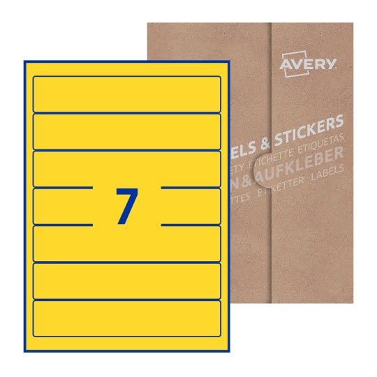 folha branca com 7 etiquetas adesivas retangulares 38x192 com caixa de embalagem de papel - Etiquetas adesivas retangulares Avery® 38 x 192 mm 