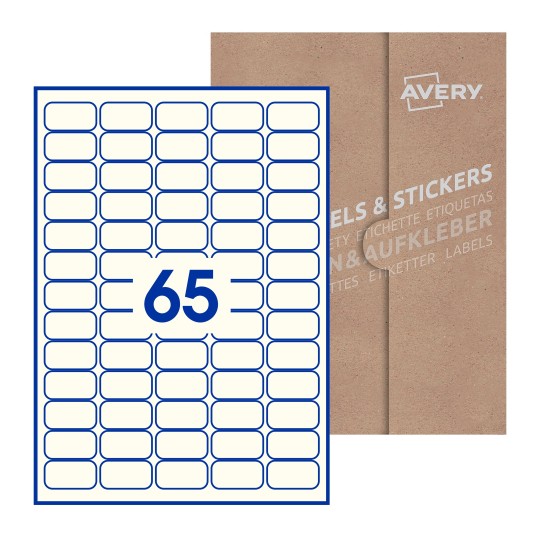 Folha branca com 65 etiquetas adesivas retangulares 38x21 com caixa de embalagem de papel - Etiquetas adesivas retangulares Avery® 38 x 21 mm 