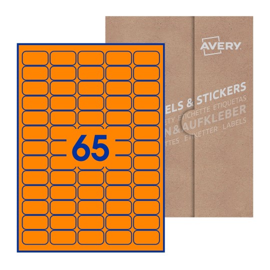 Folha branca com 65 etiquetas adesivas retangulares 38x21 com caixa de embalagem de papel - Etiquetas adesivas retangulares Avery® 38 x 21 mm 