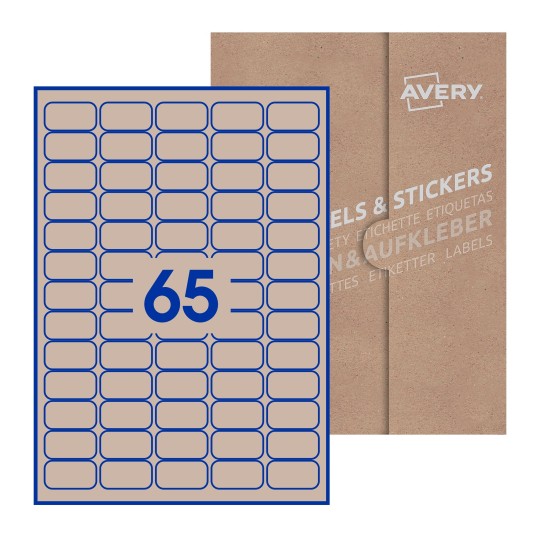Folha branca com 65 etiquetas adesivas retangulares 38x21 com caixa de embalagem de papel - Etiquetas adesivas retangulares Avery® 38 x 21 mm 