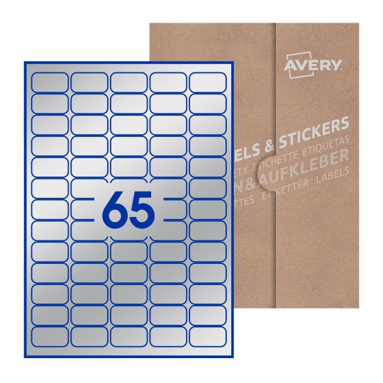 Folha branca com 65 etiquetas adesivas retangulares 38x21 com caixa de embalagem de papel - Etiquetas adesivas retangulares Avery® 38 x 21 mm 
