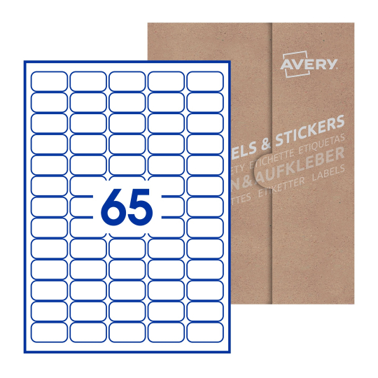 Folha branca com 65 etiquetas adesivas retangulares 38x21 com caixa de embalagem de papel - Etiquetas adesivas retangulares Avery® 38 x 21 mm 