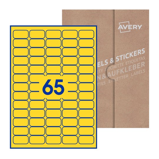Folha branca com 65 etiquetas adesivas retangulares 38x21 com caixa de embalagem de papel - Etiquetas adesivas retangulares Avery® 38 x 21 mm 