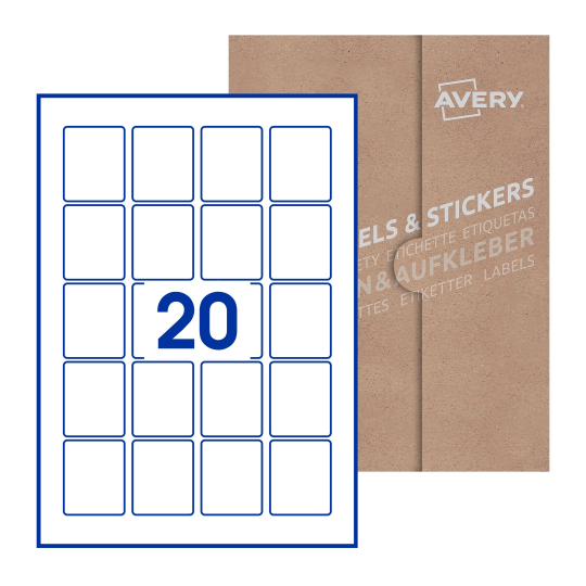 folha branca com 20 etiquetas adesivas retangulares 41x50 com caixa de embalagem de papel - Etiquetas adesivas retangulares Avery® 41 x 50 mm 