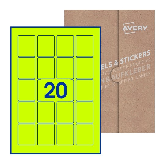 folha branca com 20 etiquetas adesivas retangulares 41x50 com caixa de embalagem de papel - Etiquetas adesivas retangulares Avery® 41 x 50 mm 