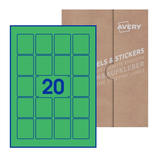 folha branca com 20 etiquetas adesivas retangulares 41x50 com caixa de embalagem de papel - Etiquetas adesivas retangulares Avery® 41 x 50 mm 