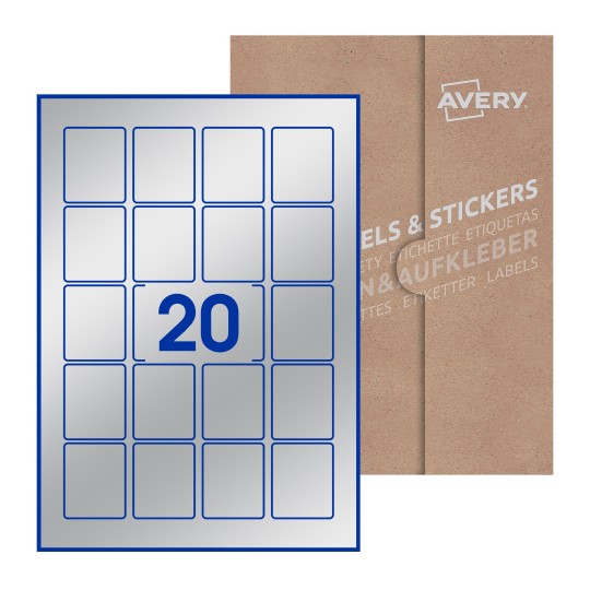 folha branca com 20 etiquetas adesivas retangulares 41x50 com caixa de embalagem de papel - Etiquetas adesivas retangulares Avery® 41 x 50 mm 