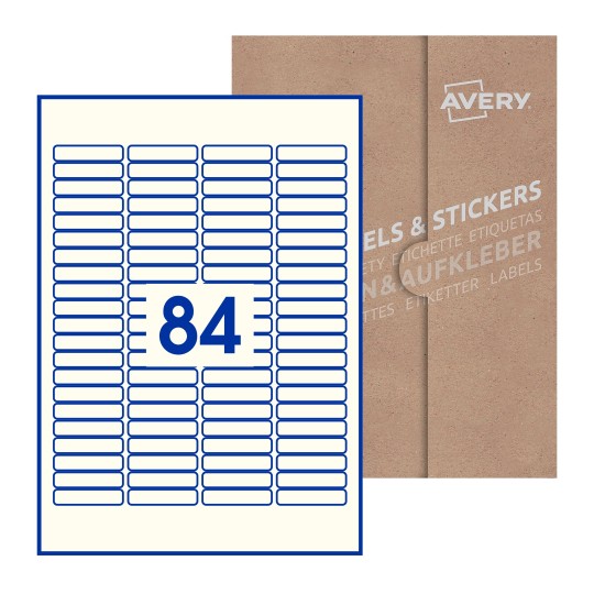 Folha branca com 84 etiquetas adesivas retangulares 46x11 com caixa de embalagem de papel - Etiquetas adesivas retangulares Avery® 46 x 11 mm 