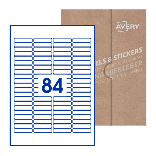 Folha branca com 84 etiquetas adesivas retangulares 46x11 com caixa de embalagem de papel - Etiquetas adesivas retangulares Avery® 46 x 11 mm 