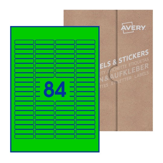 Folha branca com 84 etiquetas adesivas retangulares 46x11 com caixa de embalagem de papel - Etiquetas adesivas retangulares Avery® 46 x 11 mm 