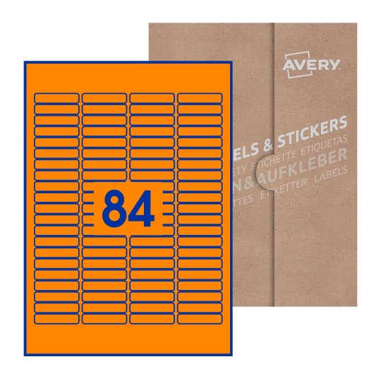 Folha branca com 84 etiquetas adesivas retangulares 46x11 com caixa de embalagem de papel - Etiquetas adesivas retangulares Avery® 46 x 11 mm 