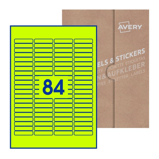 Folha branca com 84 etiquetas adesivas retangulares 46x11 com caixa de embalagem de papel - Etiquetas adesivas retangulares Avery® 46 x 11 mm 
