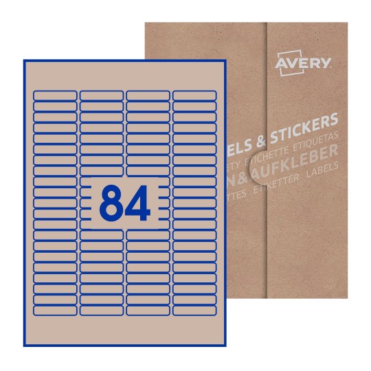 Folha branca com 84 etiquetas adesivas retangulares 46x11 com caixa de embalagem de papel - Etiquetas adesivas retangulares Avery® 46 x 11 mm 